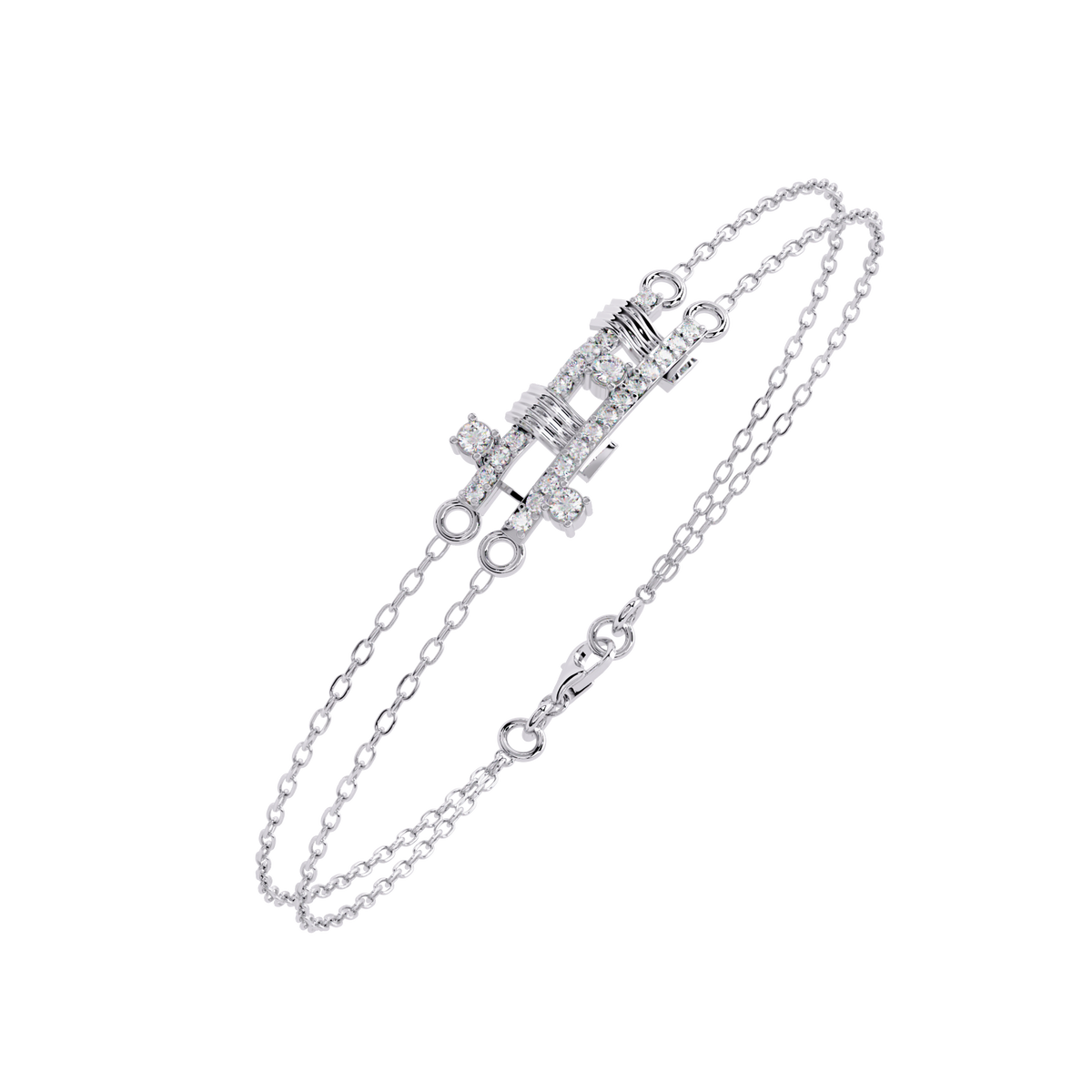 0.3 CTW pavé double-bar round diamond double-chain bracelet in White Gold, angled view – Lunéa Paris