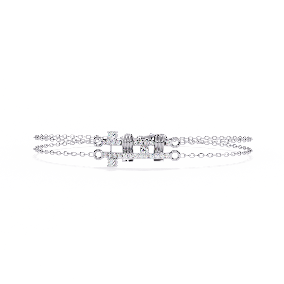 0.3 CTW pavé double-bar round diamond double-chain bracelet in White Gold, front-facing flat view – Lunéa Paris