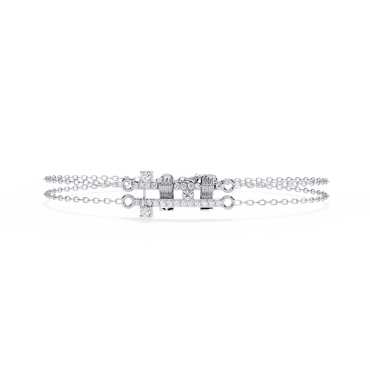 0.3 CTW pavé double-bar round diamond double-chain bracelet in White Gold, front-facing flat view – Lunéa Paris
