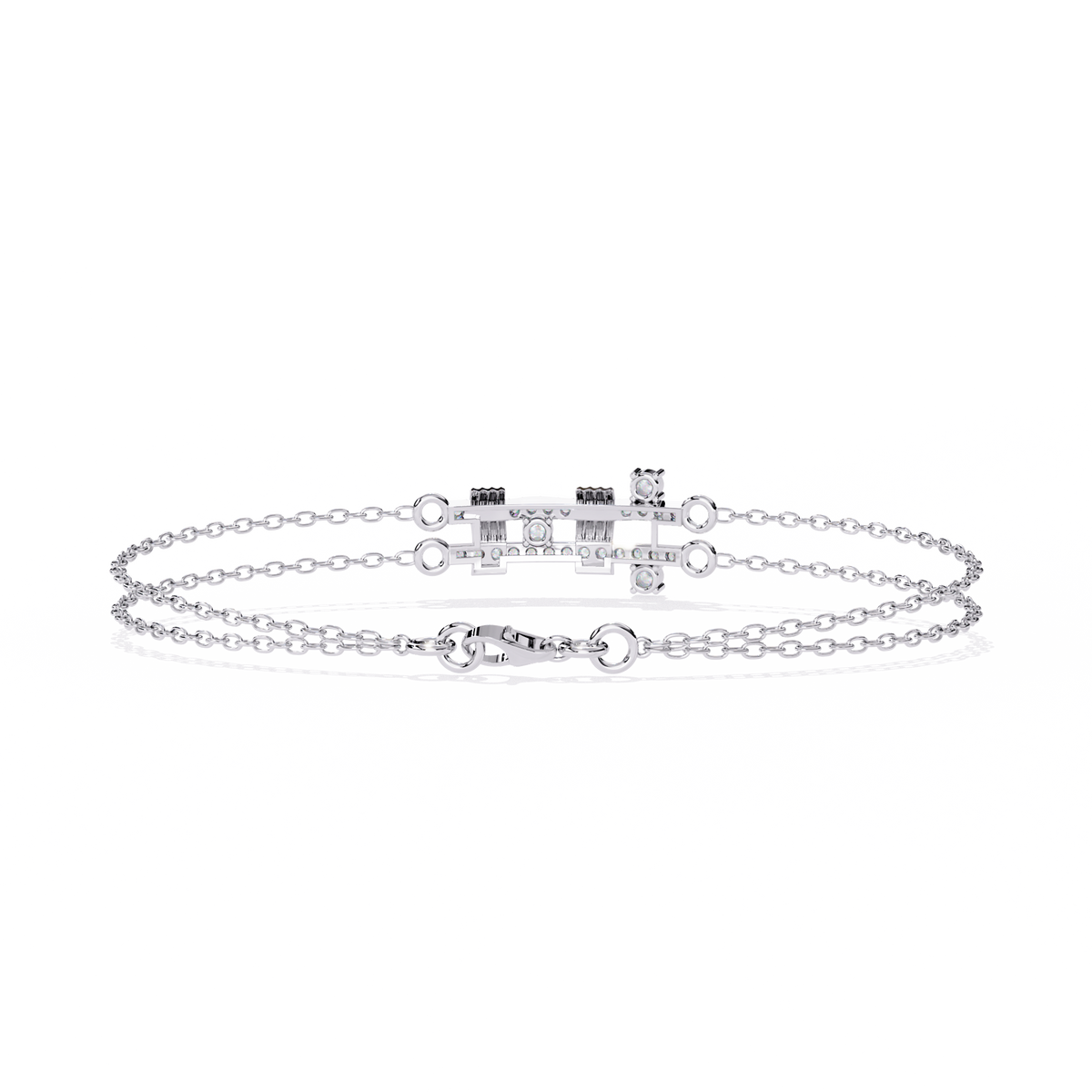 0.3 CTW pavé double-bar round diamond double-chain bracelet in White Gold, rear clasp-side view – Lunéa Paris