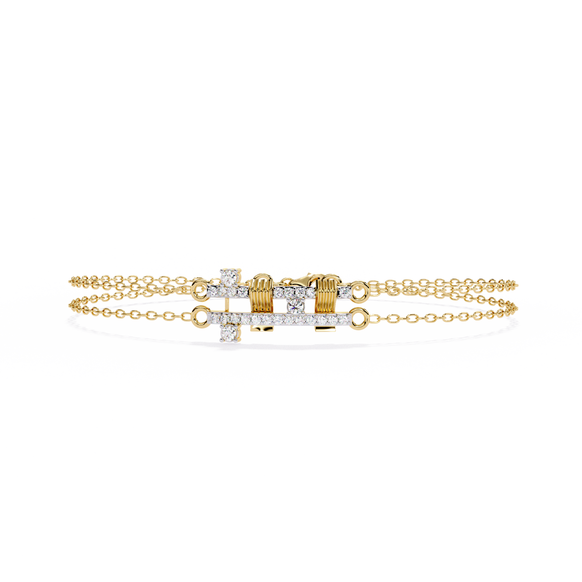 0.3 CTW pavé double-bar round diamond double-chain bracelet in Yellow Gold, front-facing flat view – Lunéa Paris