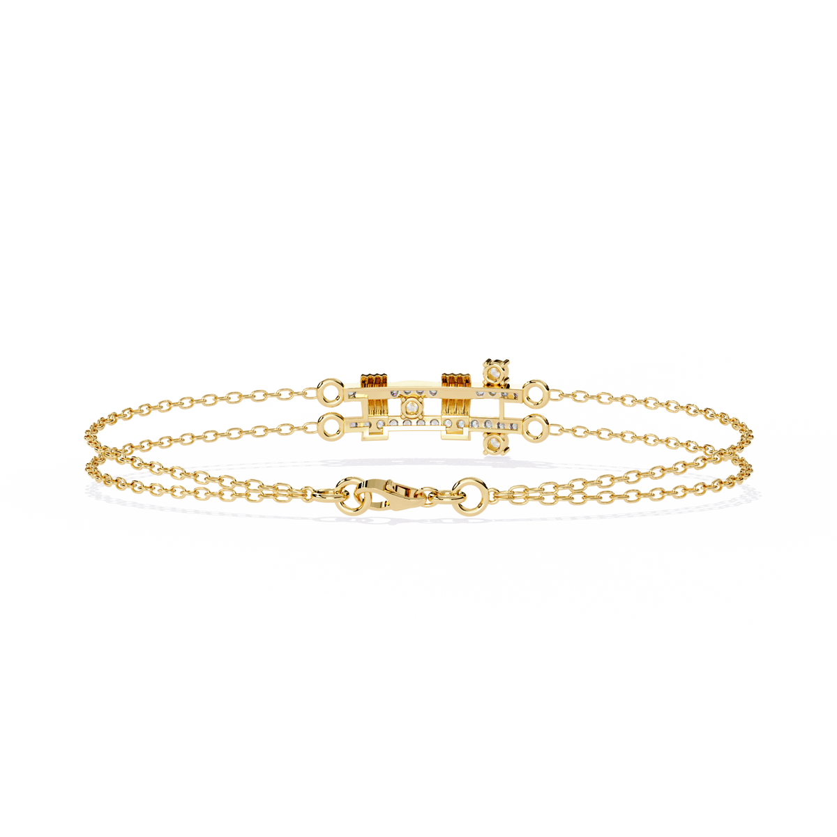 0.3 CTW pavé double-bar round diamond double-chain bracelet in Yellow Gold, rear clasp-side view – Lunéa Paris