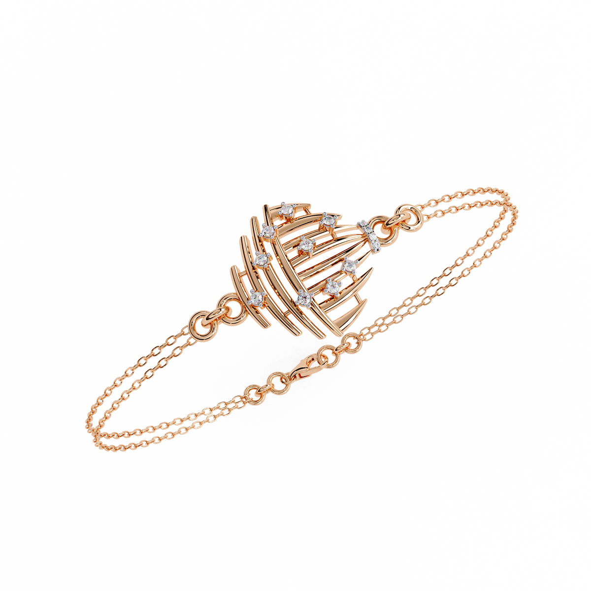 0.1 CTW sculptural fan round diamond double-chain bracelet in Rose Gold, angled view – Lunéa Paris
