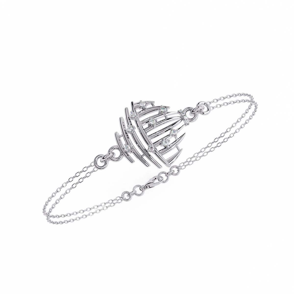 0.1 CTW sculptural fan round diamond double-chain bracelet in White Gold, angled view – Lunéa Paris
