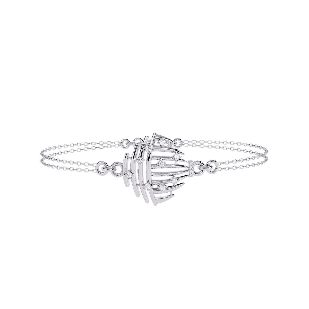 0.1 CTW sculptural fan round diamond double-chain bracelet in White Gold, front-facing flat view – Lunéa Paris