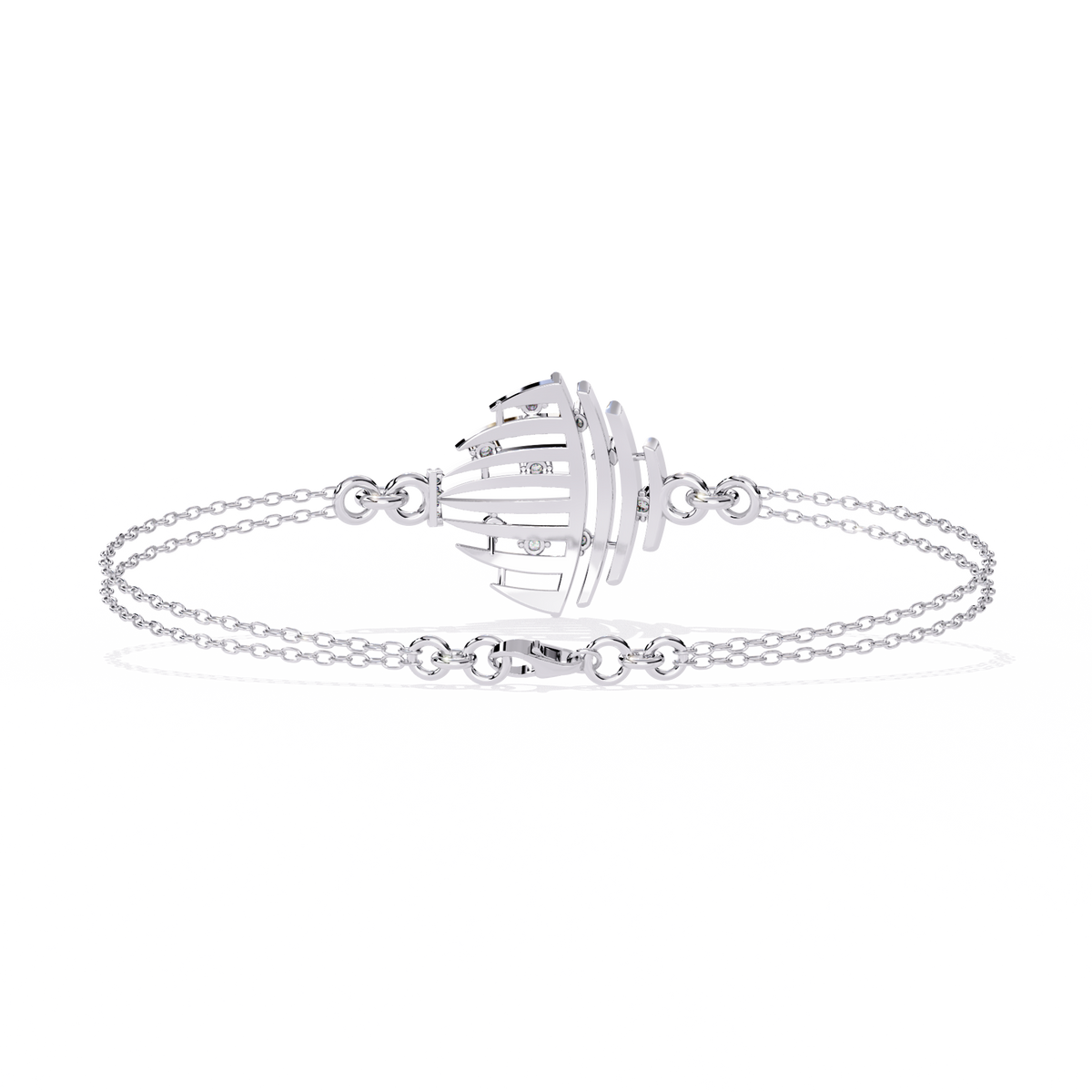0.1 CTW sculptural fan round diamond double-chain bracelet in White Gold, rear clasp-side flat view – Lunéa Paris