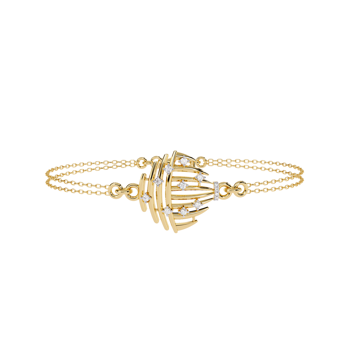 0.1 CTW sculptural fan round diamond double-chain bracelet in Yellow Gold, front-facing flat view – Lunéa Paris