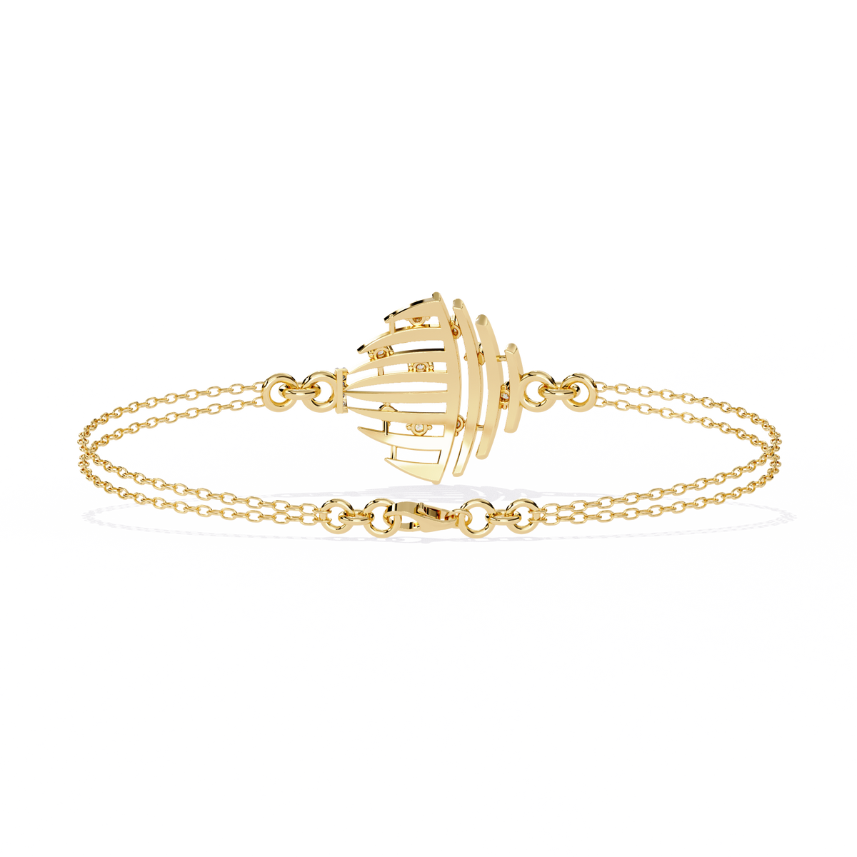 0.1 CTW sculptural fan round diamond double-chain bracelet in Yellow Gold, rear clasp-side flat view – Lunéa Paris