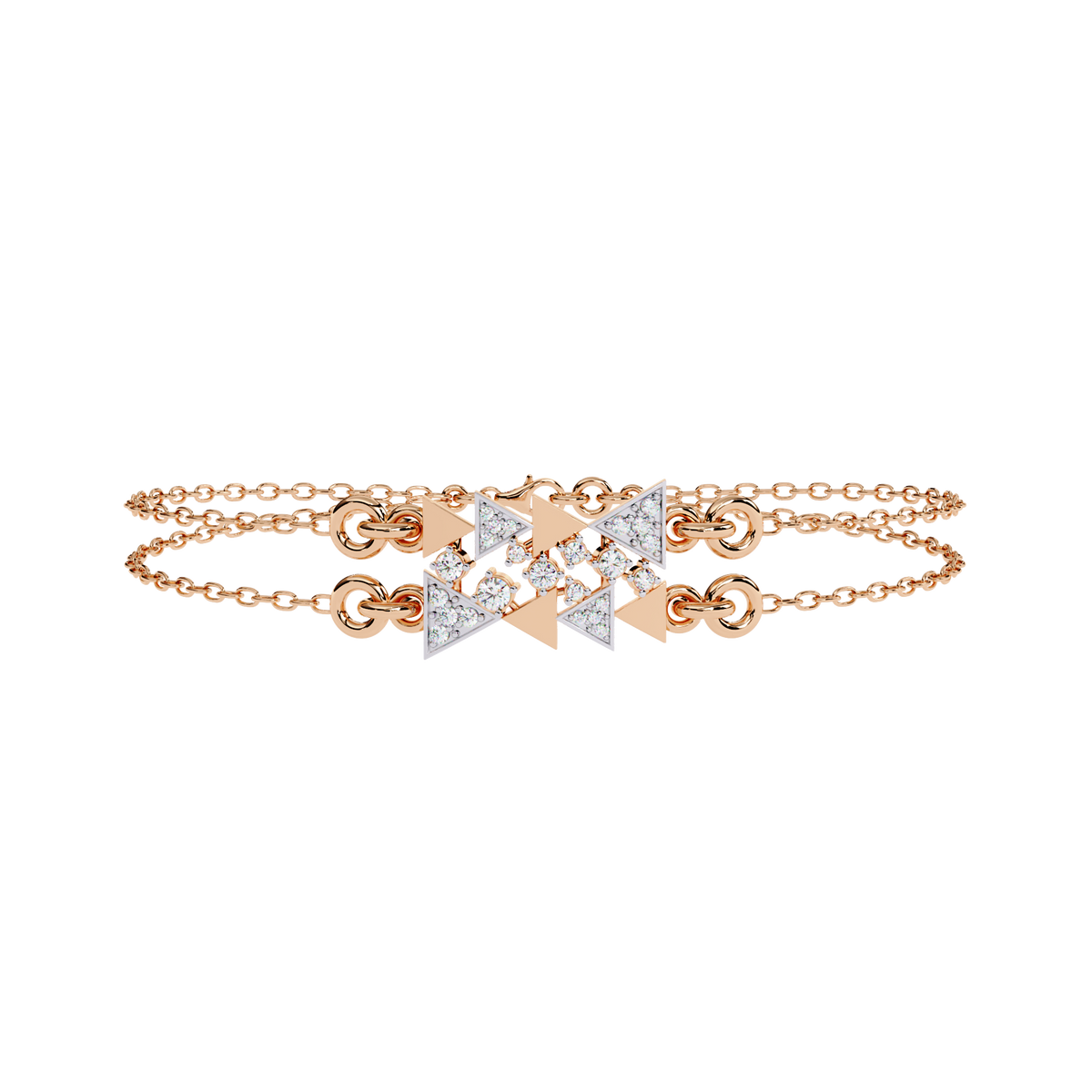 0.3 CTW geometric triangle pavé round diamond double-chain bracelet in Rose Gold, front-facing flat view – Lunéa Paris