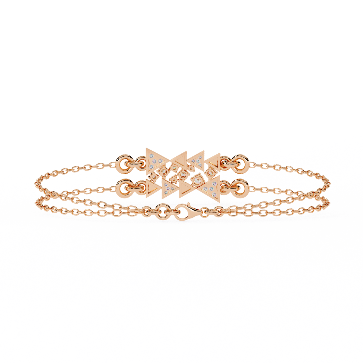 0.3 CTW geometric triangle pavé round diamond double-chain bracelet in Rose Gold, rear clasp-side flat view – Lunéa Paris