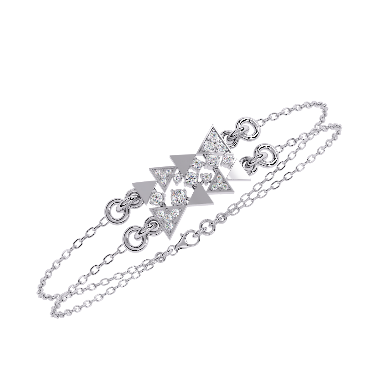 0.3 CTW geometric triangle pavé round diamond double-chain bracelet in White Gold, angled view – Lunéa Paris