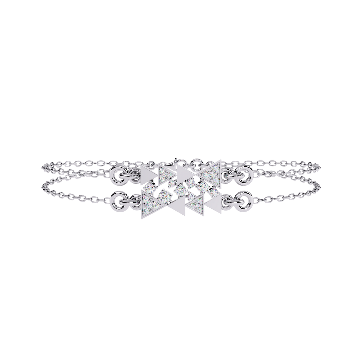 0.3 CTW geometric triangle pavé round diamond double-chain bracelet in White Gold, front-facing flat view – Lunéa Paris