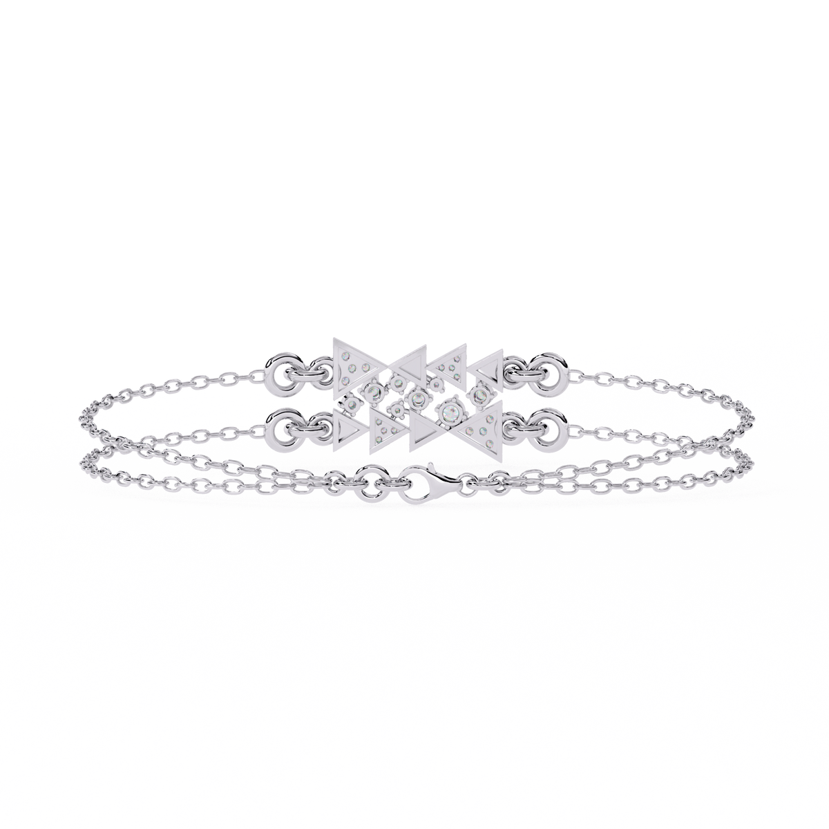 0.3 CTW geometric triangle pavé round diamond double-chain bracelet in White Gold, rear clasp-side flat view – Lunéa Paris