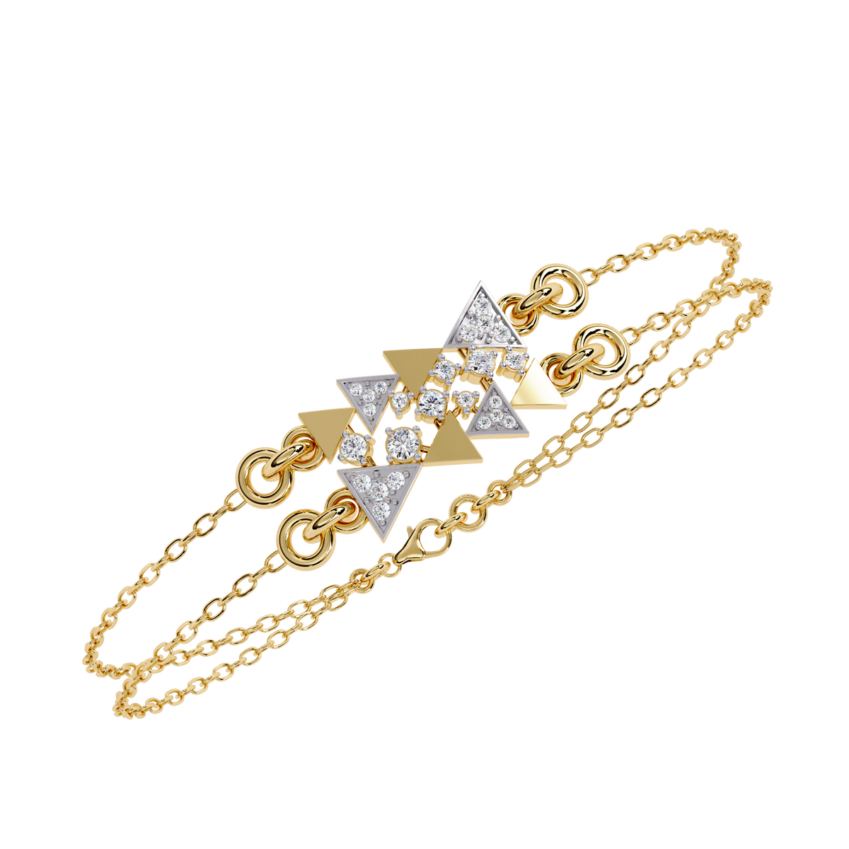 0.3 CTW geometric triangle pavé round diamond double-chain bracelet in Yellow Gold, angled view – Lunéa Paris