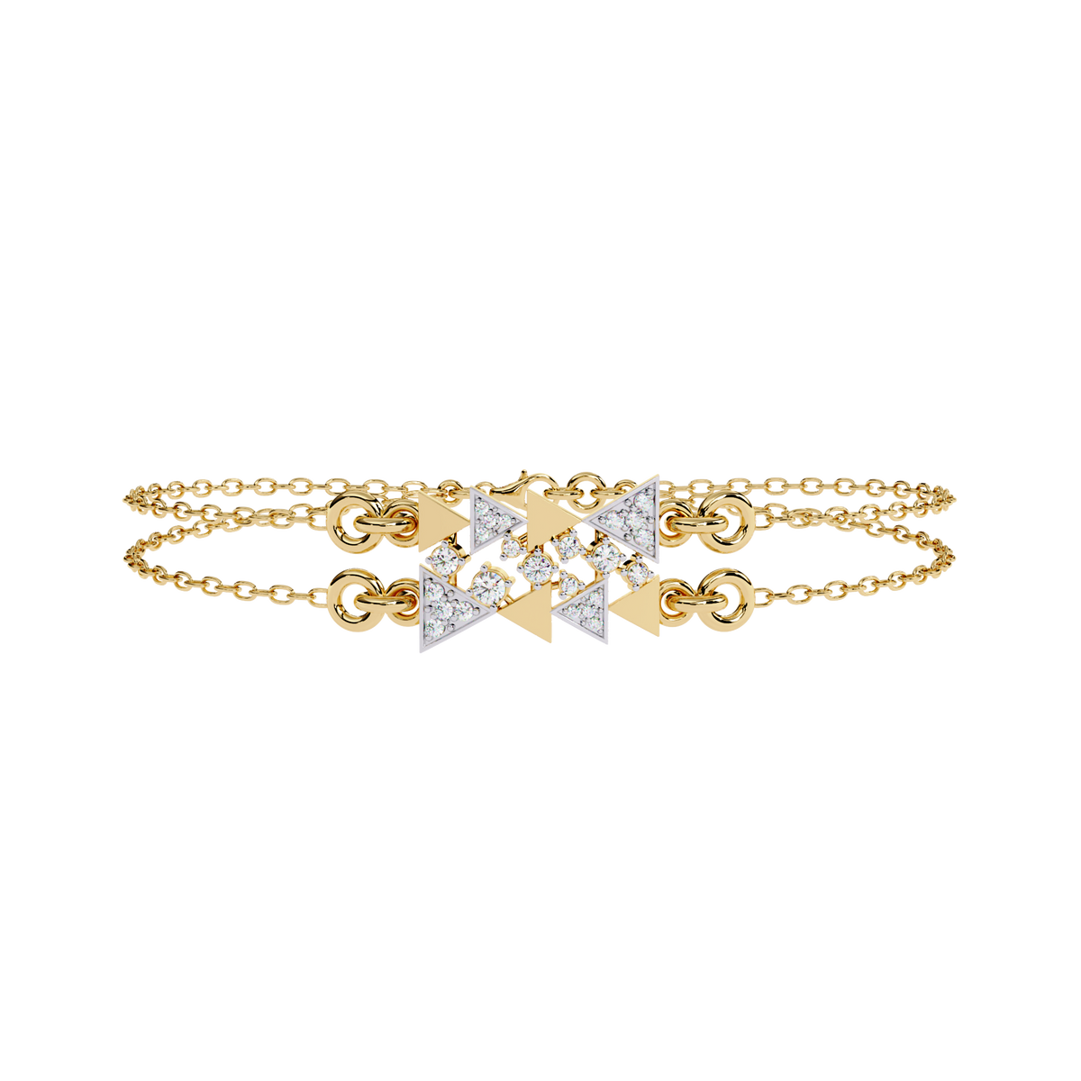 0.3 CTW geometric triangle pavé round diamond double-chain bracelet in Yellow Gold, front-facing flat view – Lunéa Paris