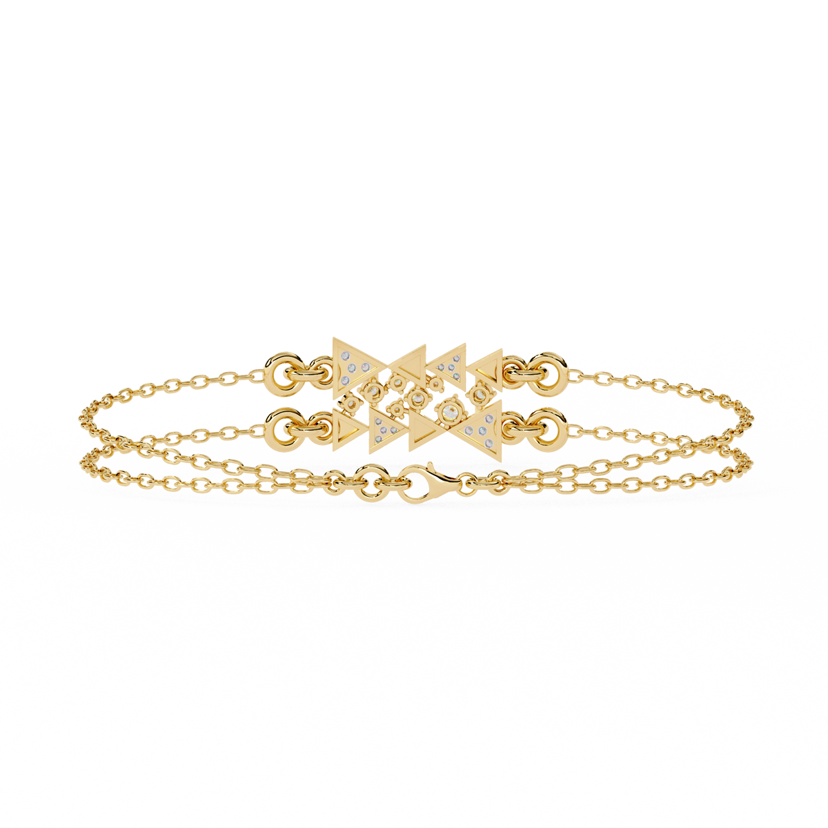 0.3 CTW geometric triangle pavé round diamond double-chain bracelet in Yellow Gold, rear clasp-side flat view – Lunéa Paris