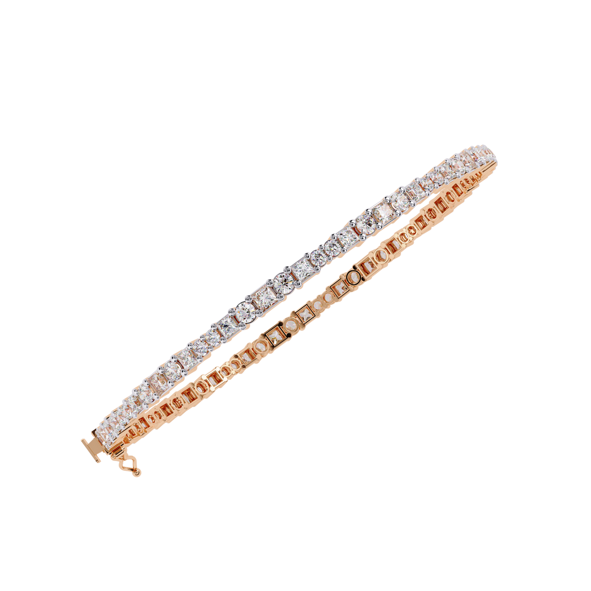 Round and princess-cut lab-grown diamond tennis bracelet in Rose Gold, angled view – Lunéa Paris