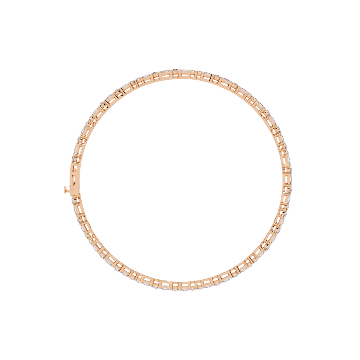 Round and princess-cut lab-grown diamond tennis bracelet in Rose Gold, circular profile showing the clasp – Lunéa Paris
