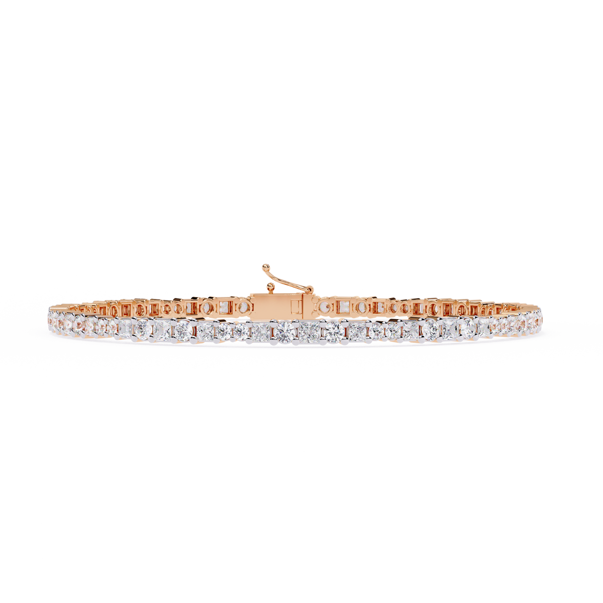 Round and princess-cut lab-grown diamond tennis bracelet in Rose Gold, front-facing flat view – Lunéa Paris