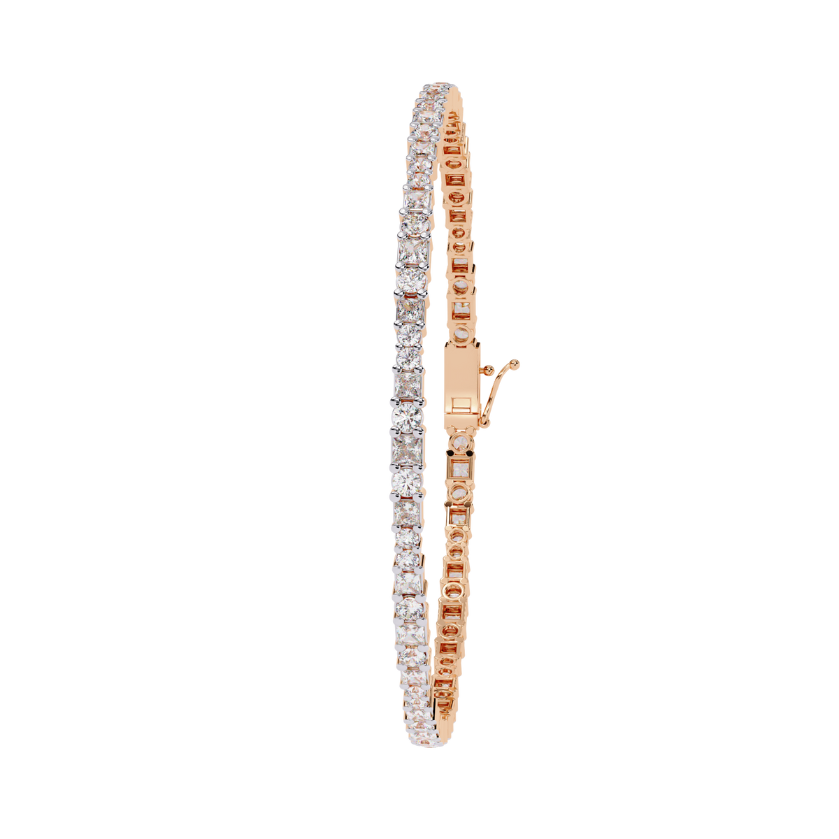 Round and princess-cut lab-grown diamond tennis bracelet in Rose Gold, upright side profile – Lunéa Paris