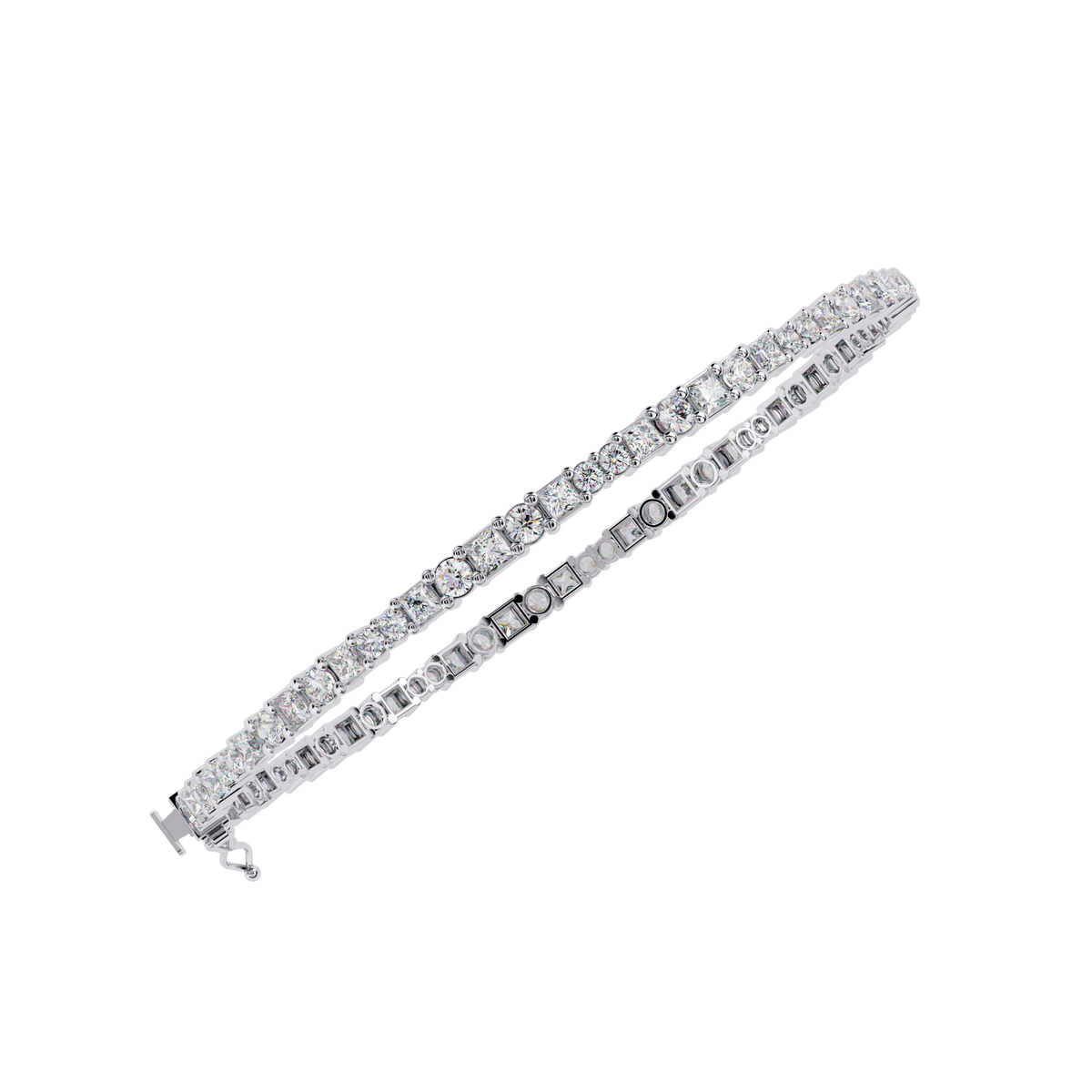 Round and princess-cut lab-grown diamond tennis bracelet in White Gold, angled view – Lunéa Paris