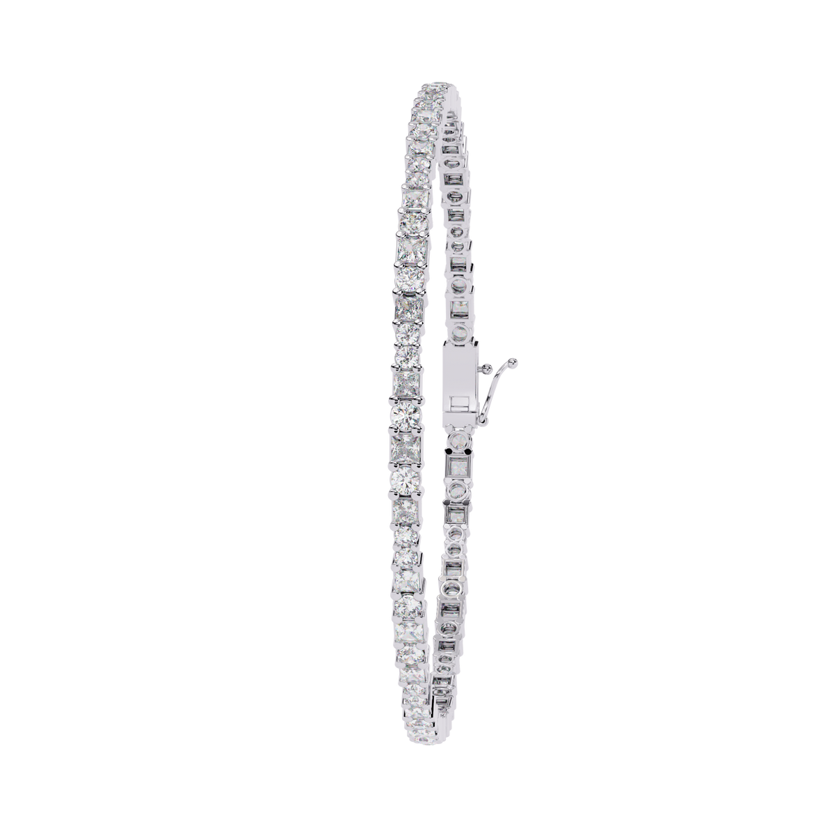 Round and princess-cut lab-grown diamond tennis bracelet in White Gold, upright side profile – Lunéa Paris