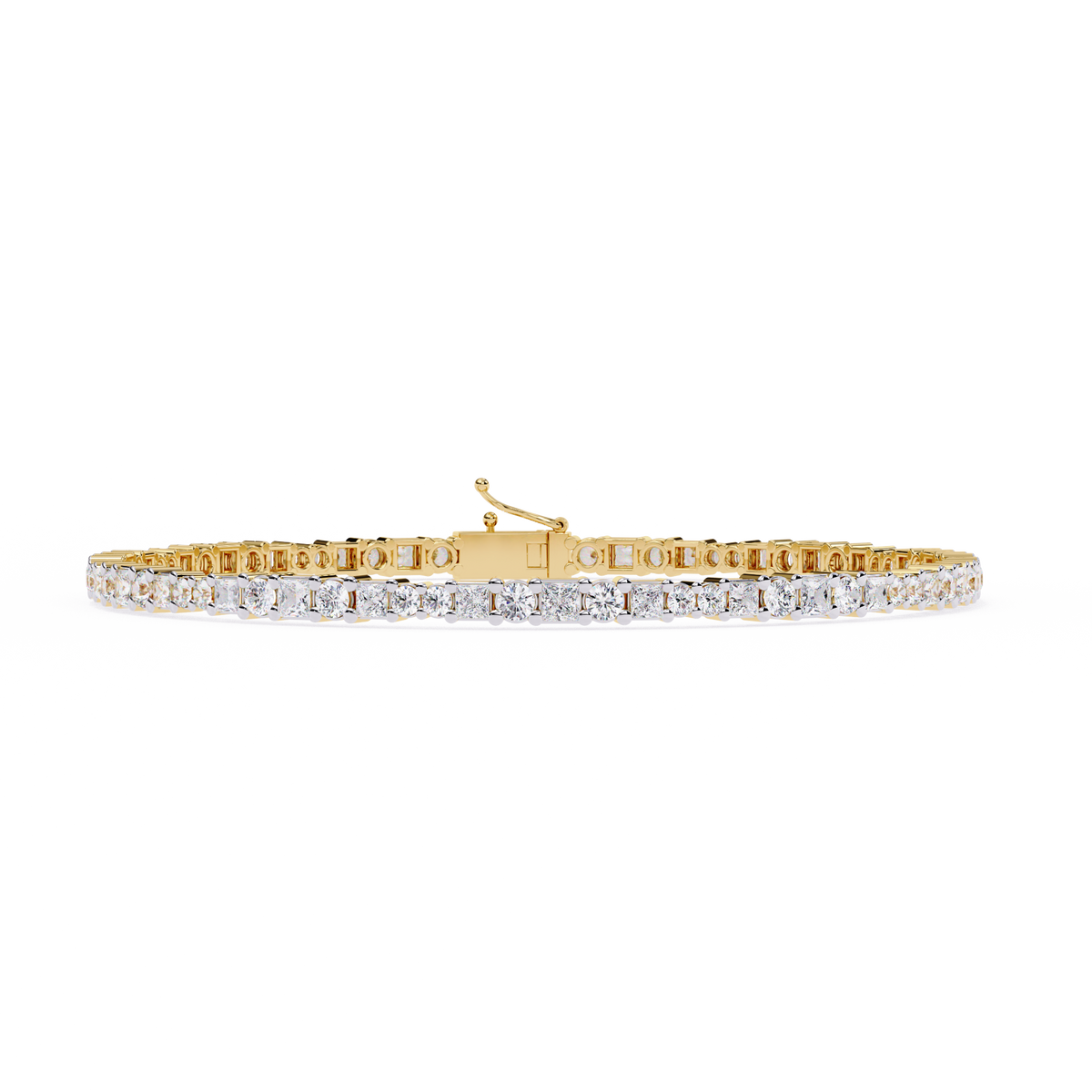 Round and princess-cut lab-grown diamond tennis bracelet in Yellow Gold, front-facing flat view – Lunéa Paris