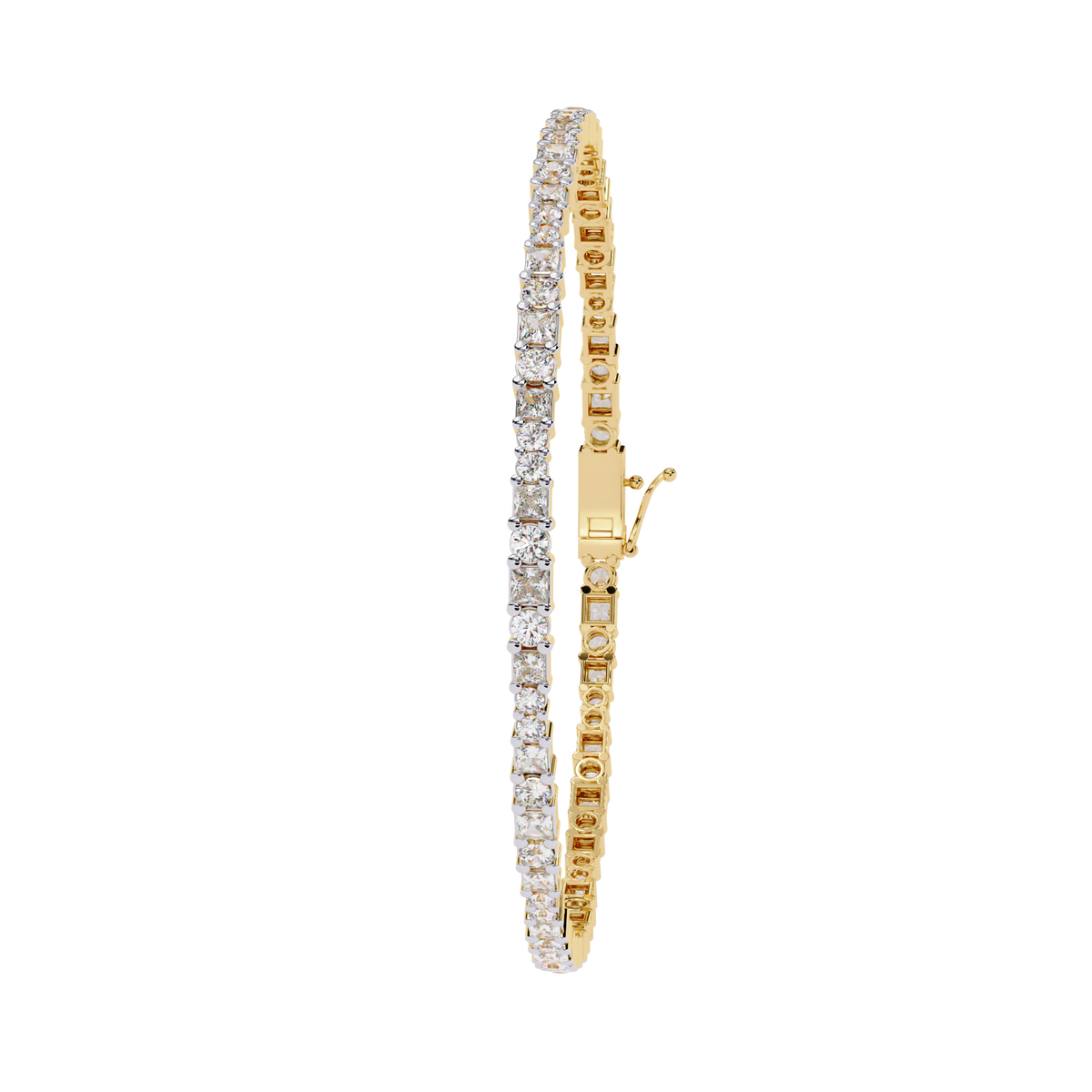 Round and princess-cut lab-grown diamond tennis bracelet in Yellow Gold, upright side profile – Lunéa Paris