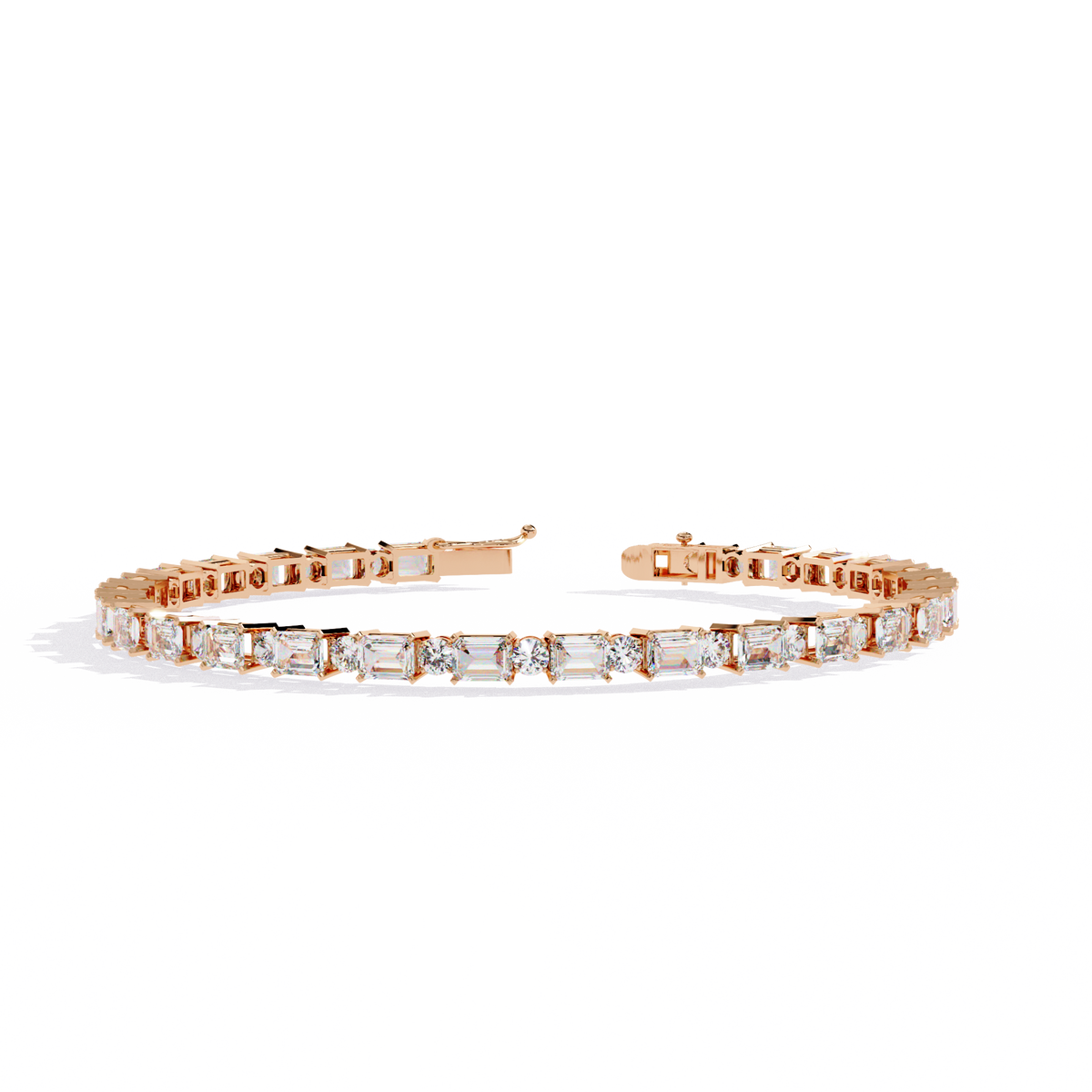 5.1 CTW alternating emerald and round lab-grown diamond tennis bracelet in Rose Gold, close front detail – Lunéa Paris