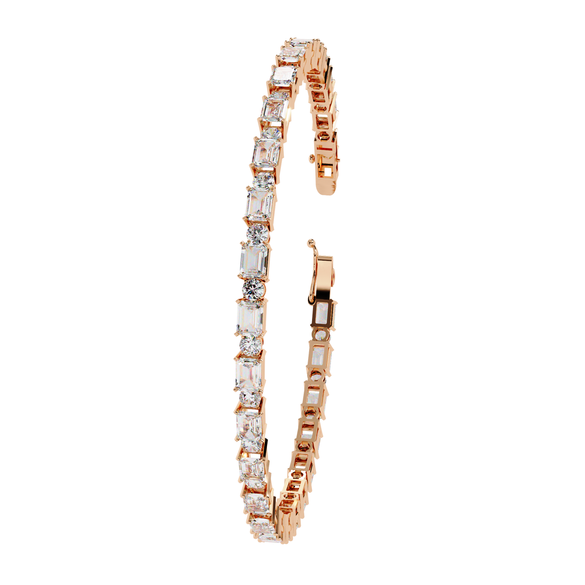 5.1 CTW alternating emerald and round lab-grown diamond tennis bracelet in Rose Gold, upright profile with clasp open – Lunéa Paris