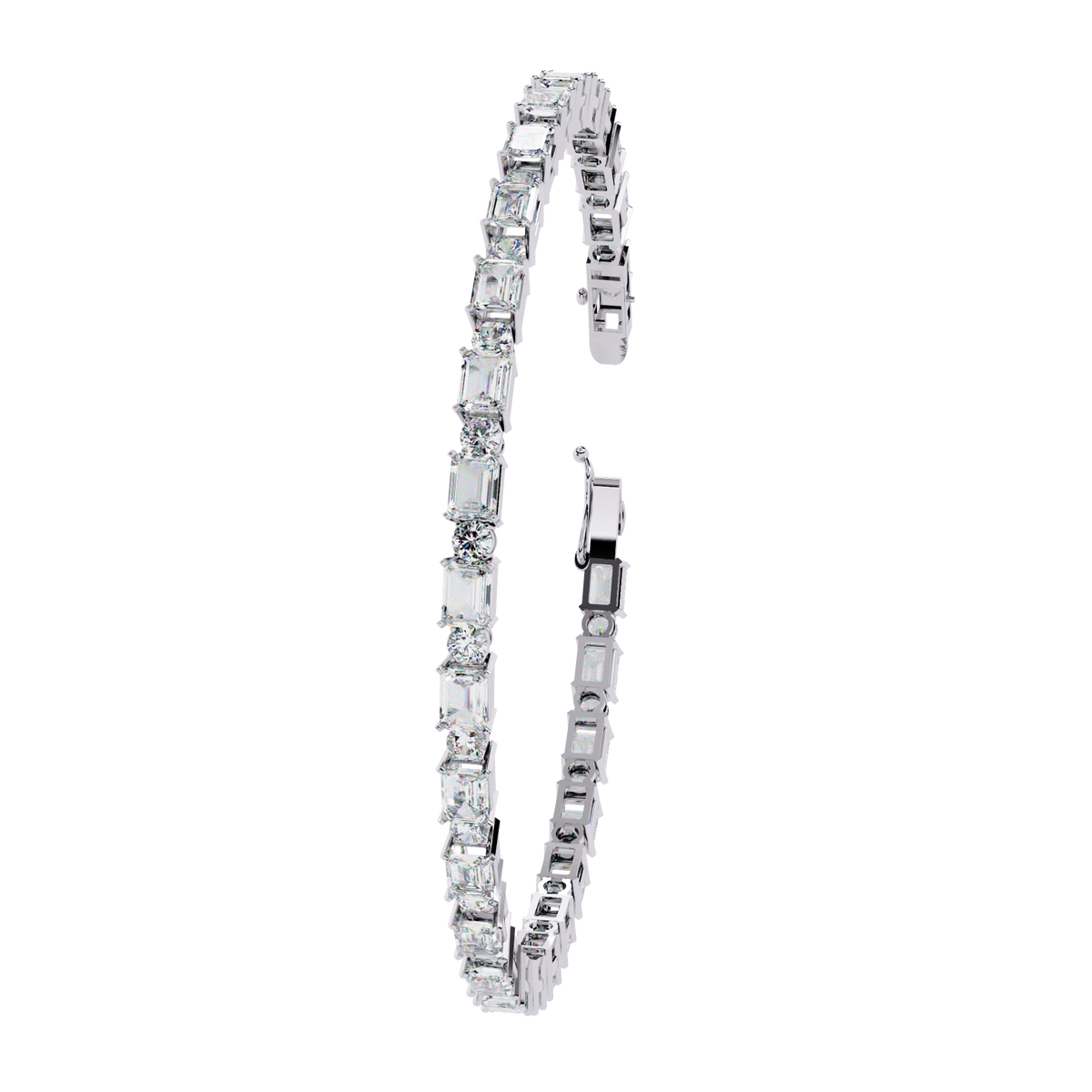 5.1 CTW alternating emerald and round lab-grown diamond tennis bracelet in White Gold, upright profile with clasp open – Lunéa Paris