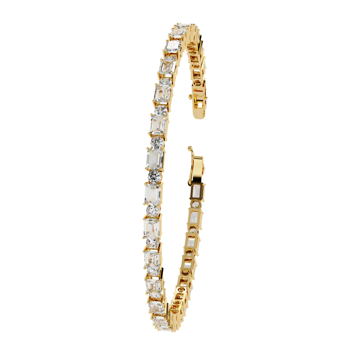 5.1 CTW alternating emerald and round lab-grown diamond tennis bracelet in Yellow Gold, upright profile with clasp open – Lunéa Paris