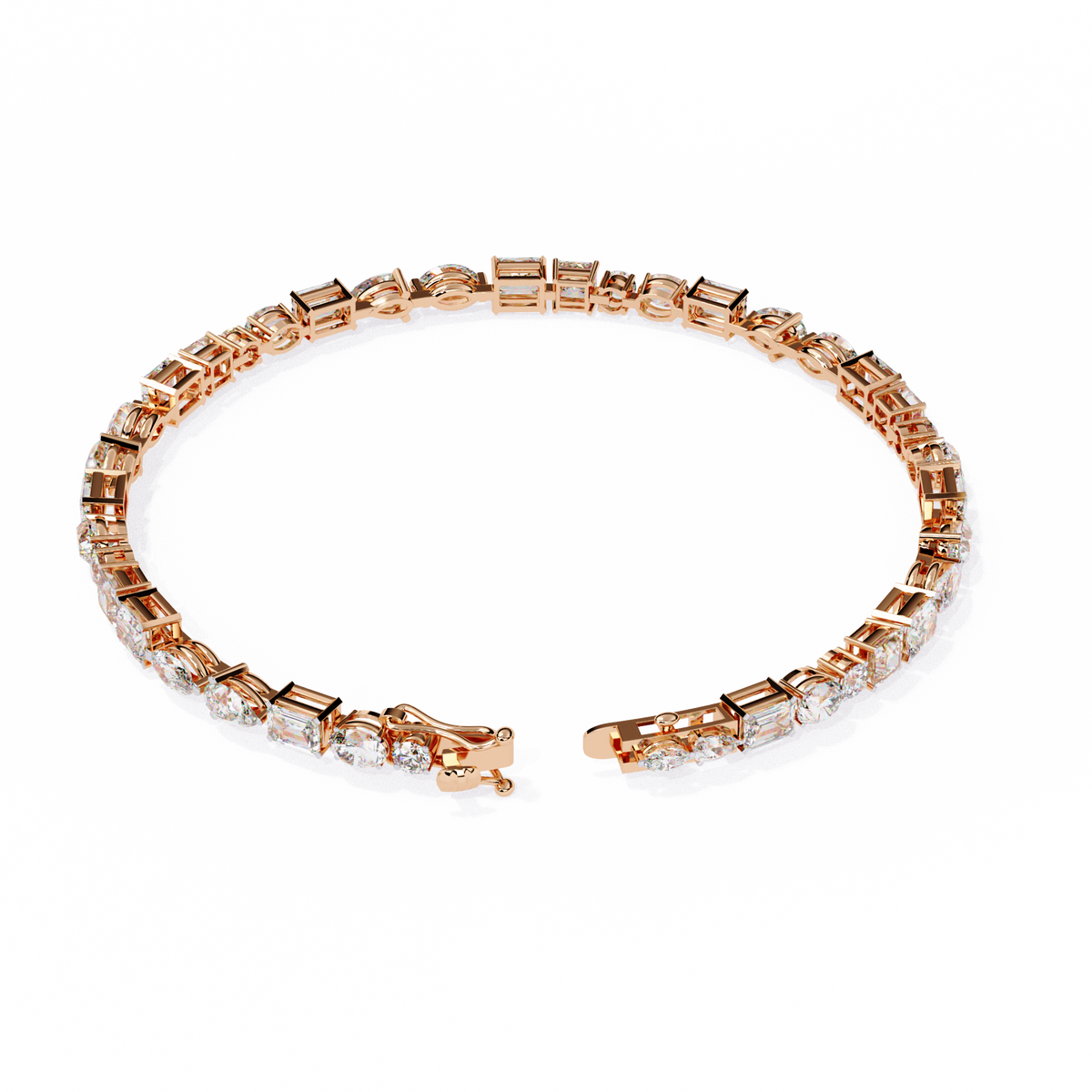 5.7 CTW multi-shape lab-grown diamond tennis bracelet in Rose Gold, elevated clasp-side view – Lunéa Paris