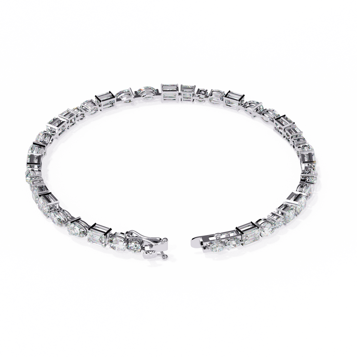 5.7 CTW multi-shape lab-grown diamond tennis bracelet in White Gold, elevated clasp-side view – Lunéa Paris