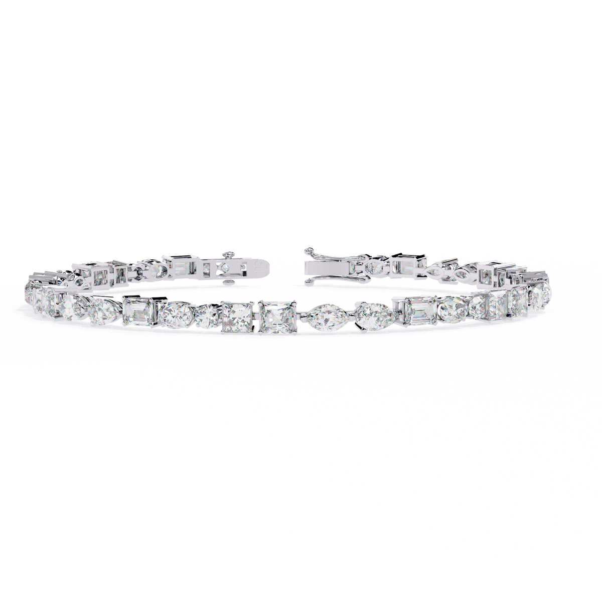 5.7 CTW multi-shape lab-grown diamond tennis bracelet in White Gold, front-facing flat view – Lunéa Paris