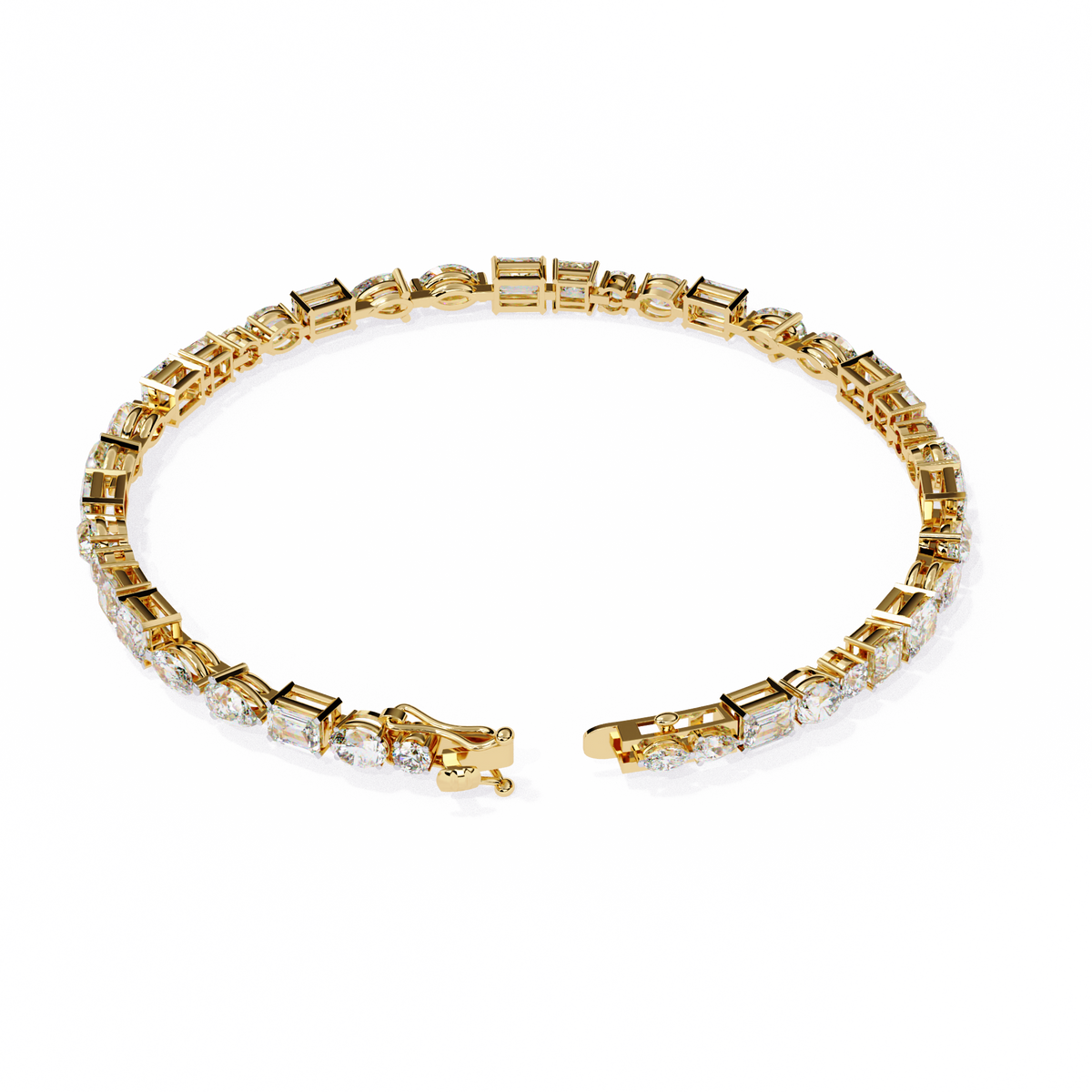 5.7 CTW multi-shape lab-grown diamond tennis bracelet in Yellow Gold, elevated clasp-side view – Lunéa Paris