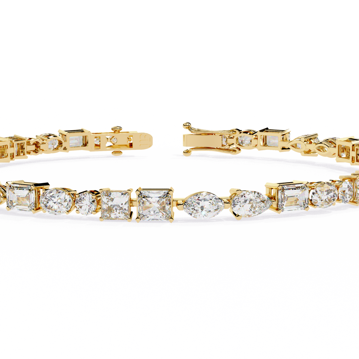 5.7 CTW multi-shape lab-grown diamond tennis bracelet in Yellow Gold, close front detail – Lunéa Paris