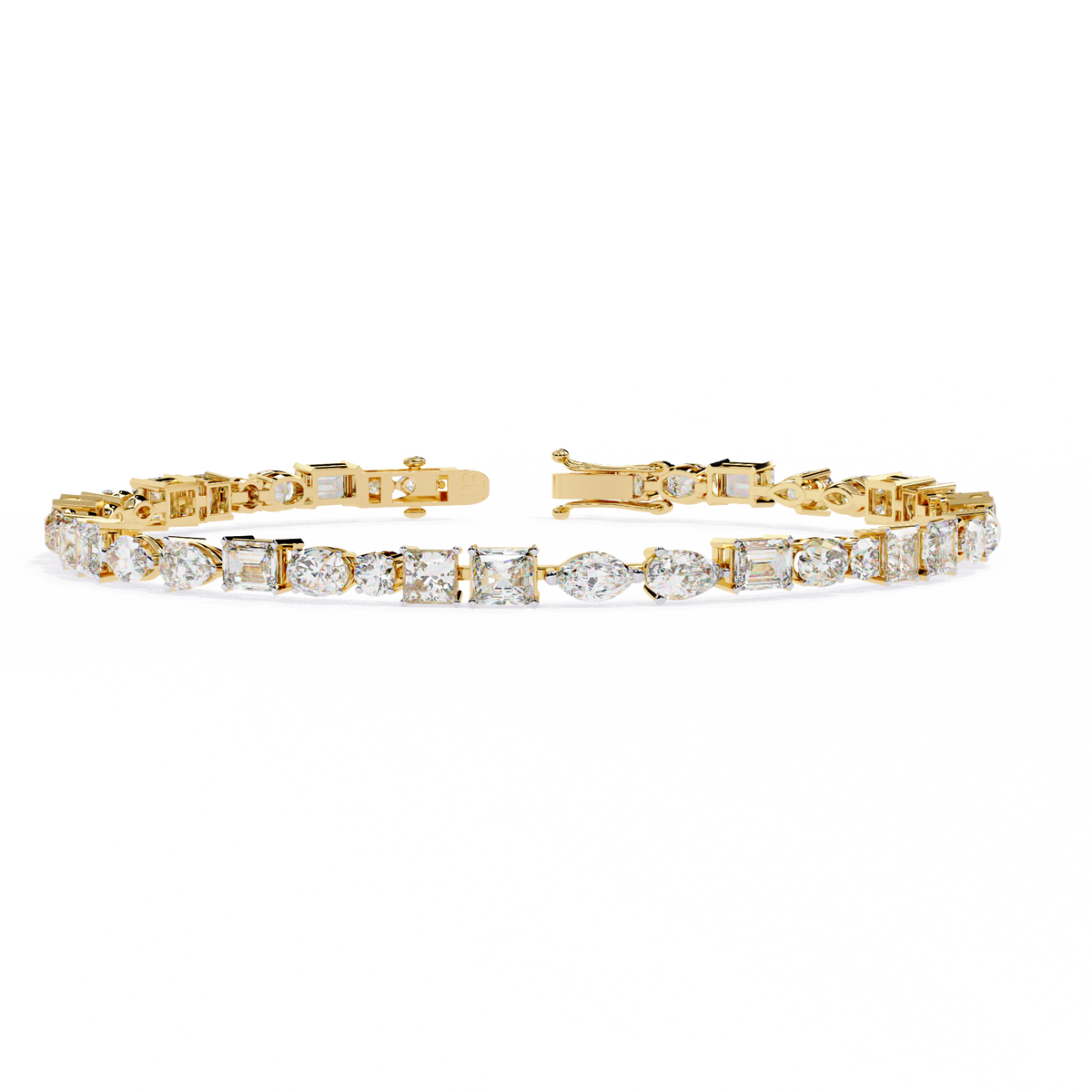 5.7 CTW multi-shape lab-grown diamond tennis bracelet in Yellow Gold, front-facing flat view – Lunéa Paris