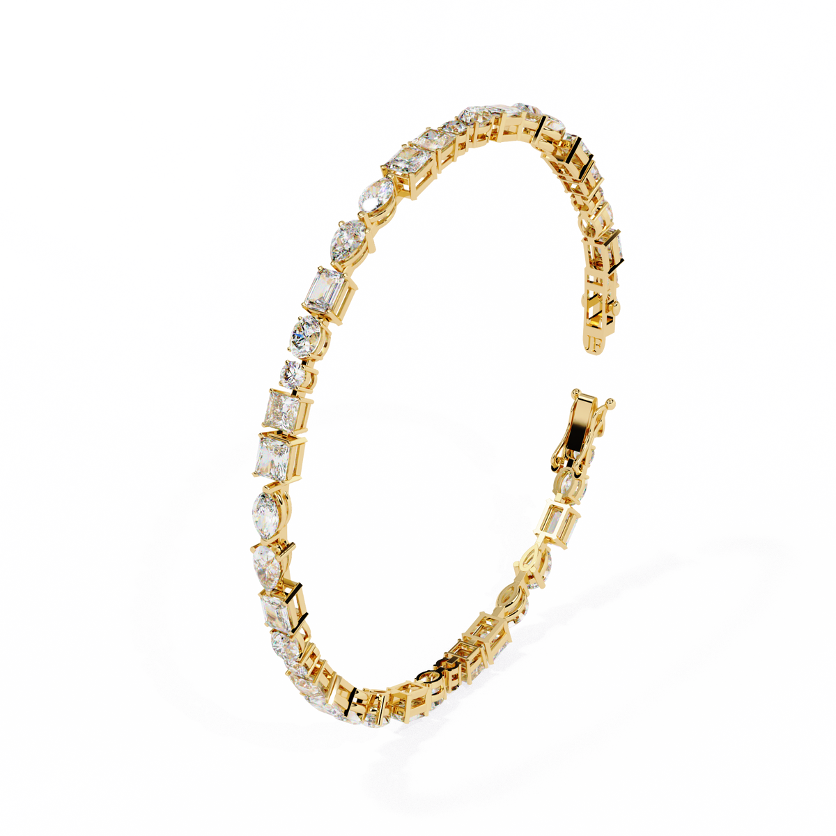 5.7 CTW multi-shape lab-grown diamond tennis bracelet in Yellow Gold, upright angled profile – Lunéa Paris