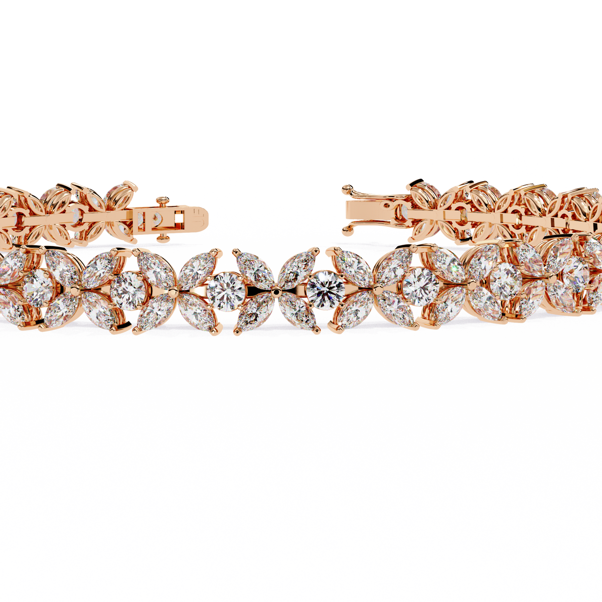 6.3 CTW marquise and round floral lab-grown diamond tennis bracelet in Rose Gold, close front detail – Lunéa Paris
