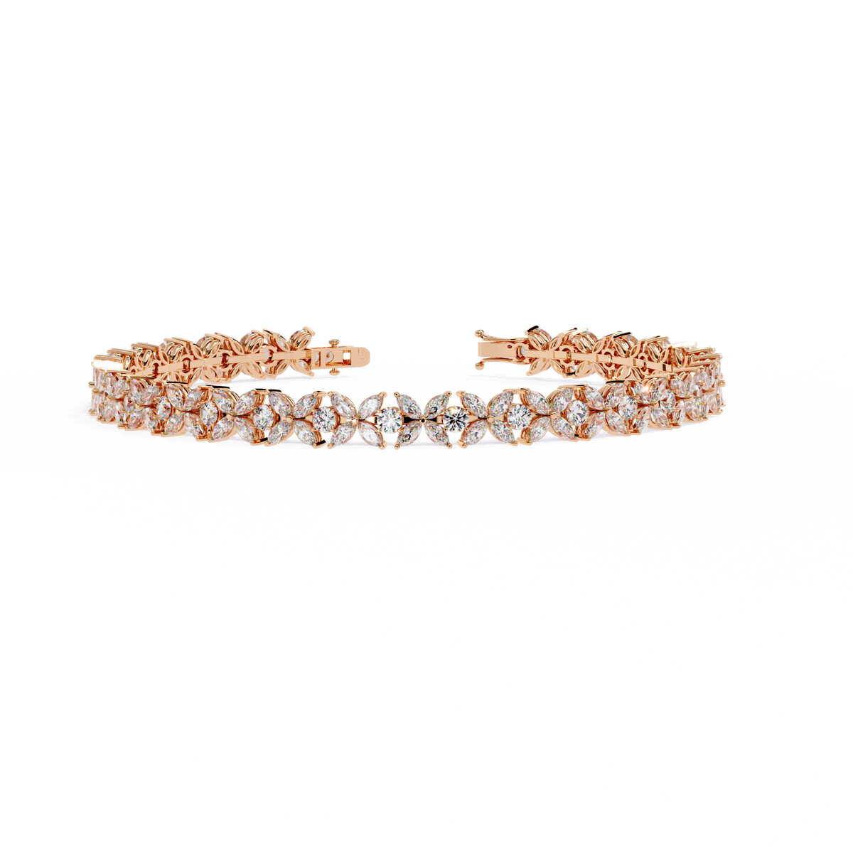 6.3 CTW marquise and round floral lab-grown diamond tennis bracelet in Rose Gold, front-facing flat view – Lunéa Paris