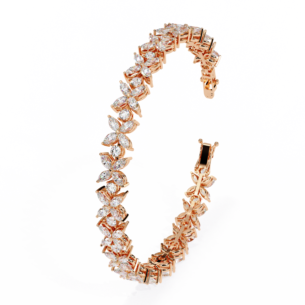 6.3 CTW marquise and round floral lab-grown diamond tennis bracelet in Rose Gold, upright angled view – Lunéa Paris