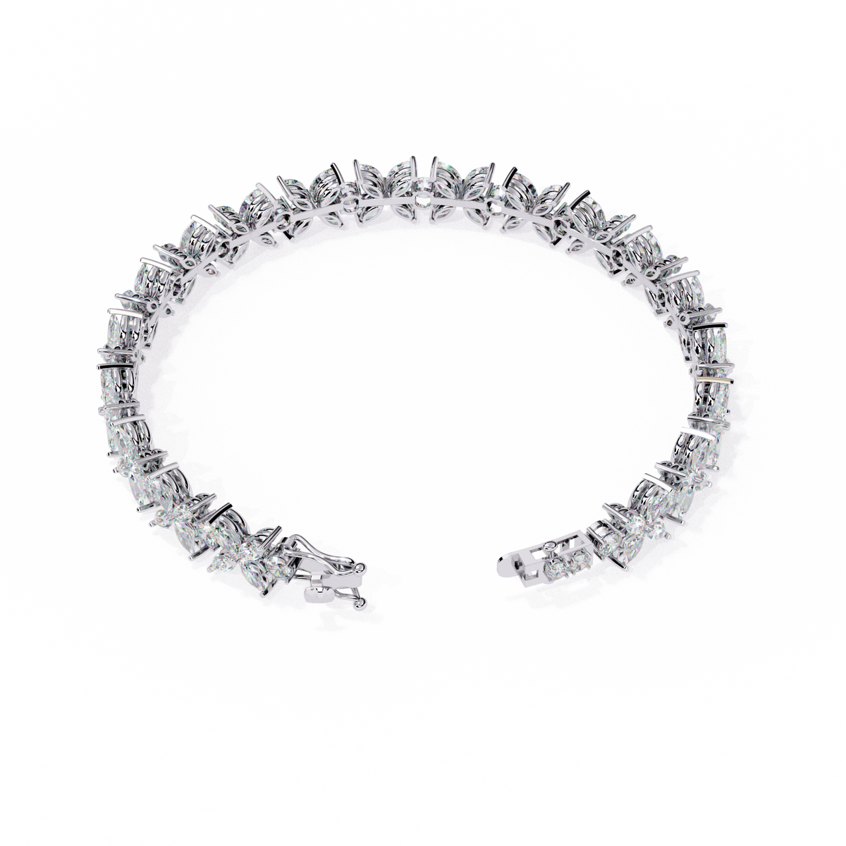 6.3 CTW marquise and round floral lab-grown diamond tennis bracelet in White Gold, elevated clasp-side view – Lunéa Paris