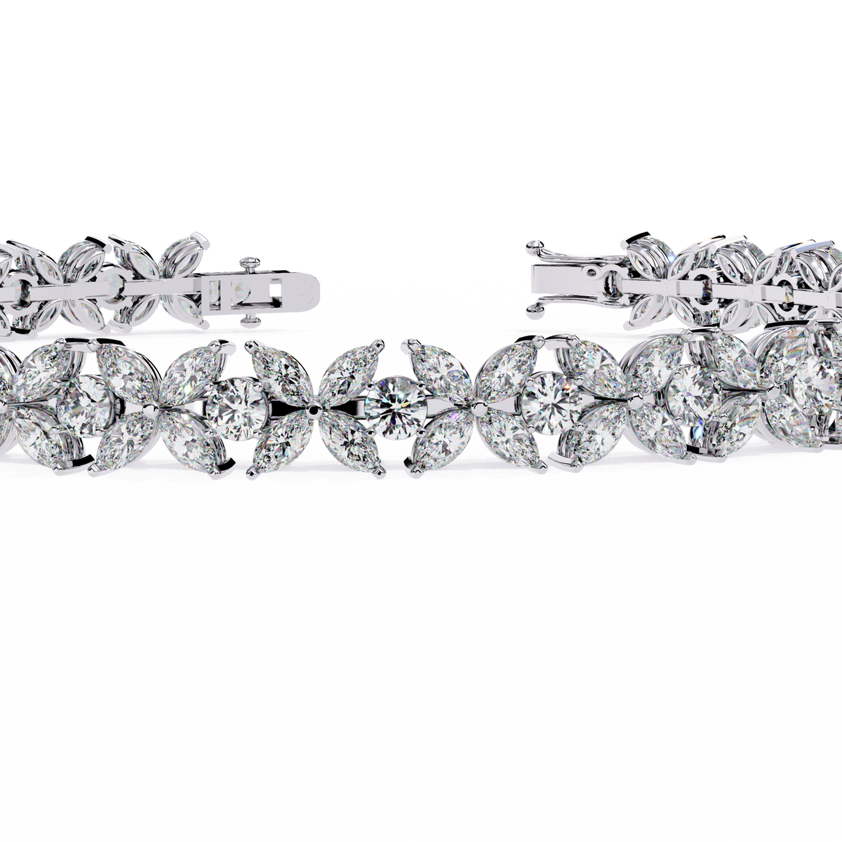 6.3 CTW marquise and round floral lab-grown diamond tennis bracelet in White Gold, close front detail – Lunéa Paris