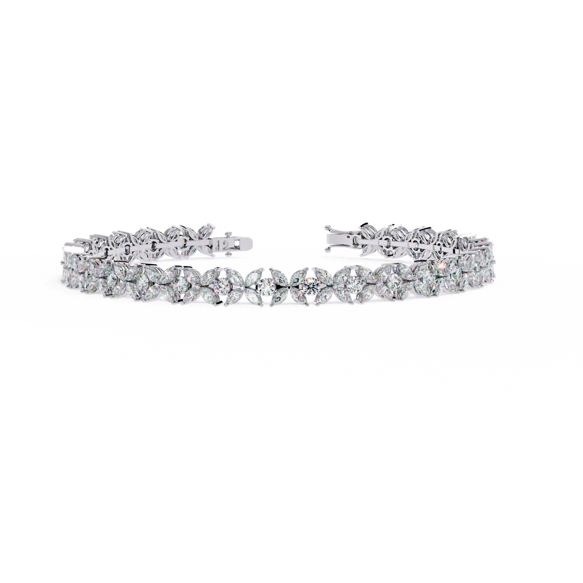6.3 CTW marquise and round floral lab-grown diamond tennis bracelet in White Gold, front-facing flat view – Lunéa Paris