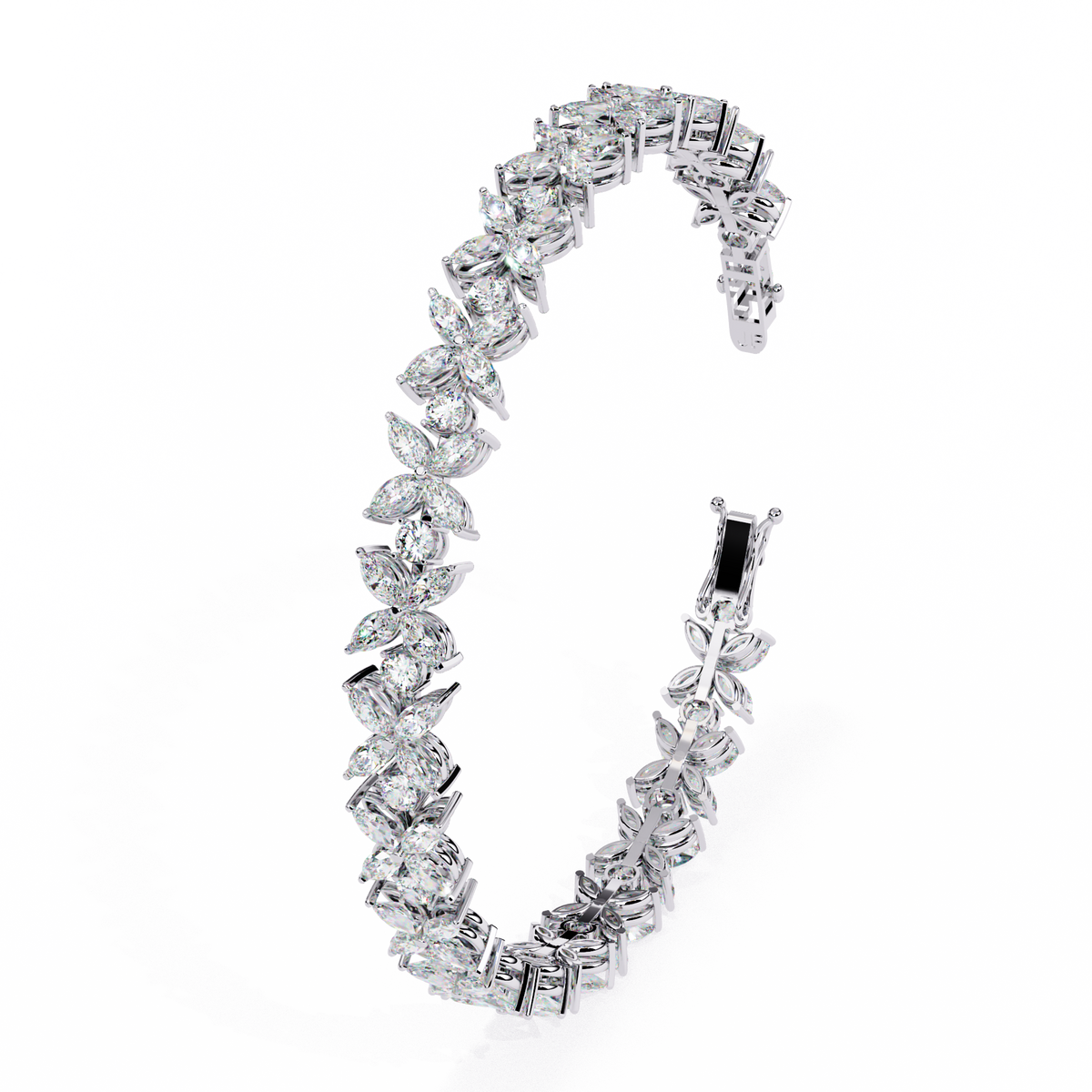 6.3 CTW marquise and round floral lab-grown diamond tennis bracelet in White Gold, upright angled view – Lunéa Paris