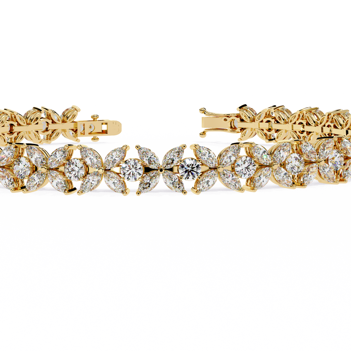 6.3 CTW marquise and round floral lab-grown diamond tennis bracelet in Yellow Gold, close front detail – Lunéa Paris