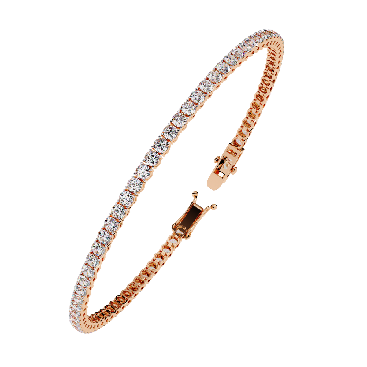 3.9 CTW classic round lab-grown diamond tennis bracelet in Rose Gold, upright angled view – Lunéa Paris