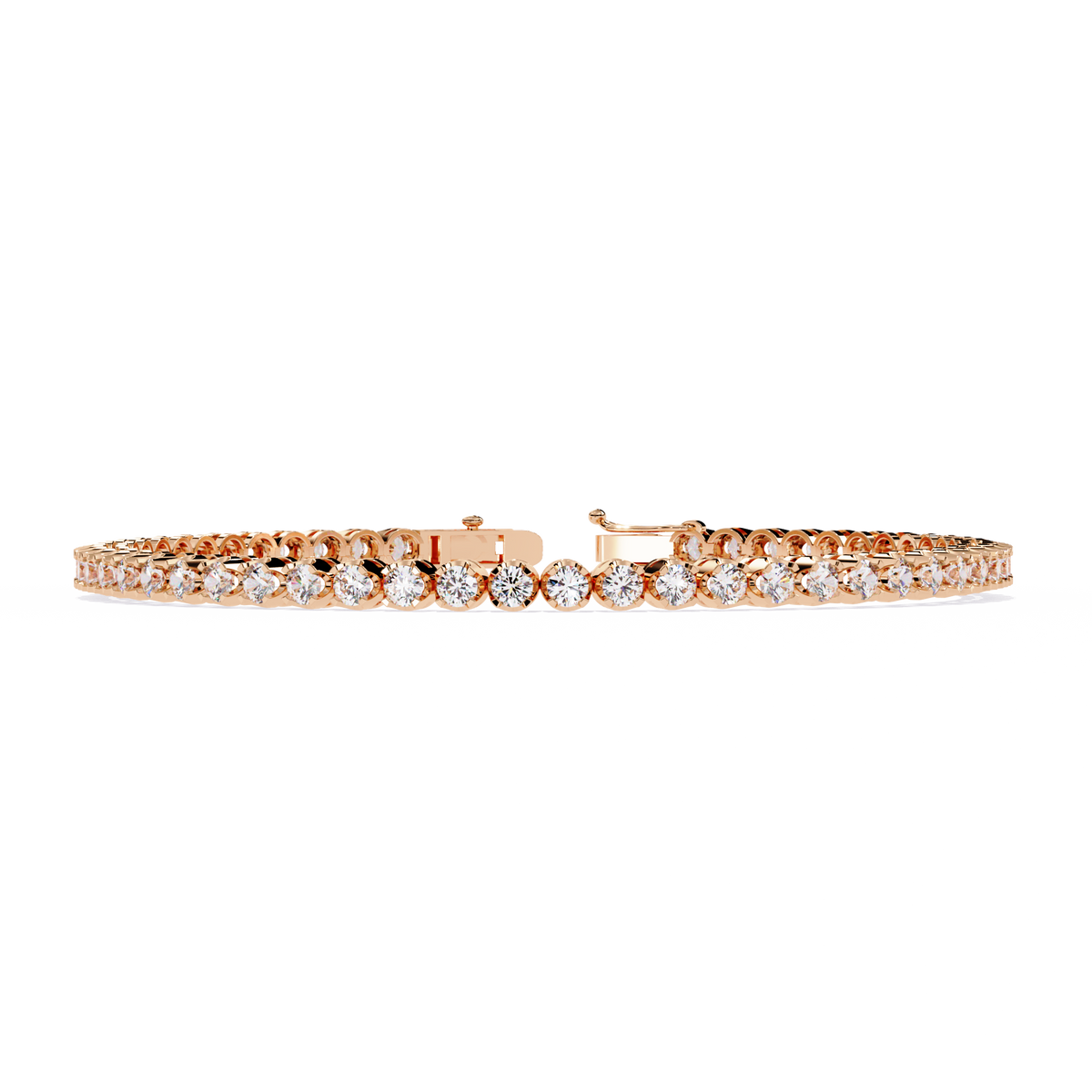 2.6 CTW classic round lab-grown diamond tennis bracelet in Rose Gold, front-facing flat view – Lunéa Paris