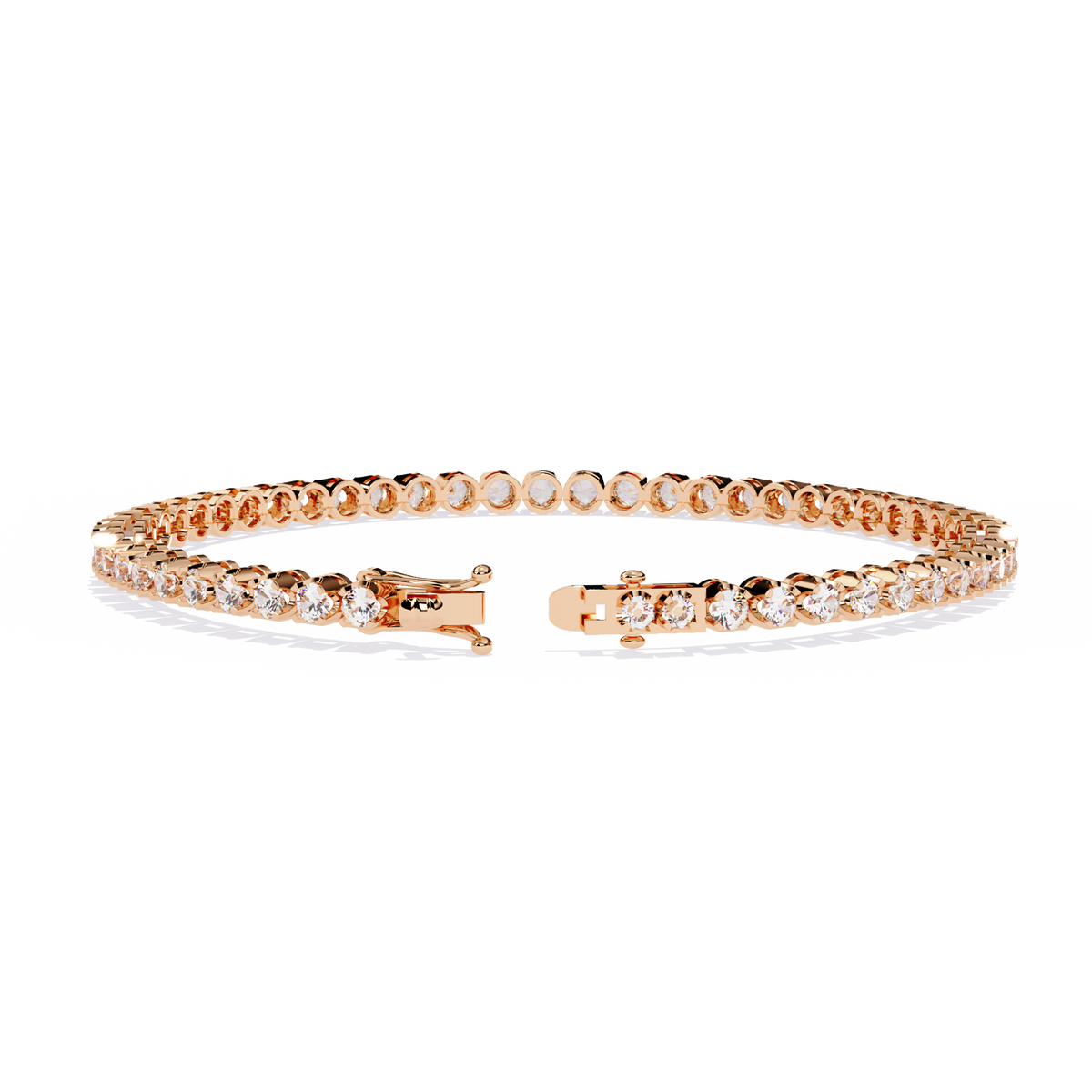 2.6 CTW classic round lab-grown diamond tennis bracelet in Rose Gold, rear clasp-side flat view – Lunéa Paris